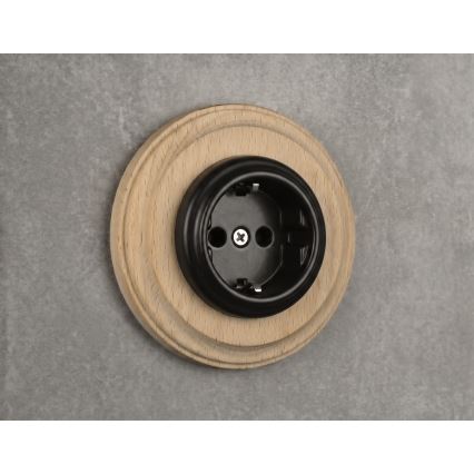 Elhard - Ceramiczne retro gniazdo domowe z ramką SCHUKO 230V czarne/jasne drewno