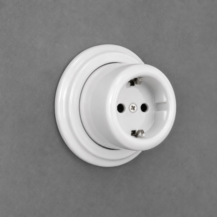 Elhard - Ceramiczne retro gniazdo ścienne do domu z ramką SCHUKO 230 V białe
