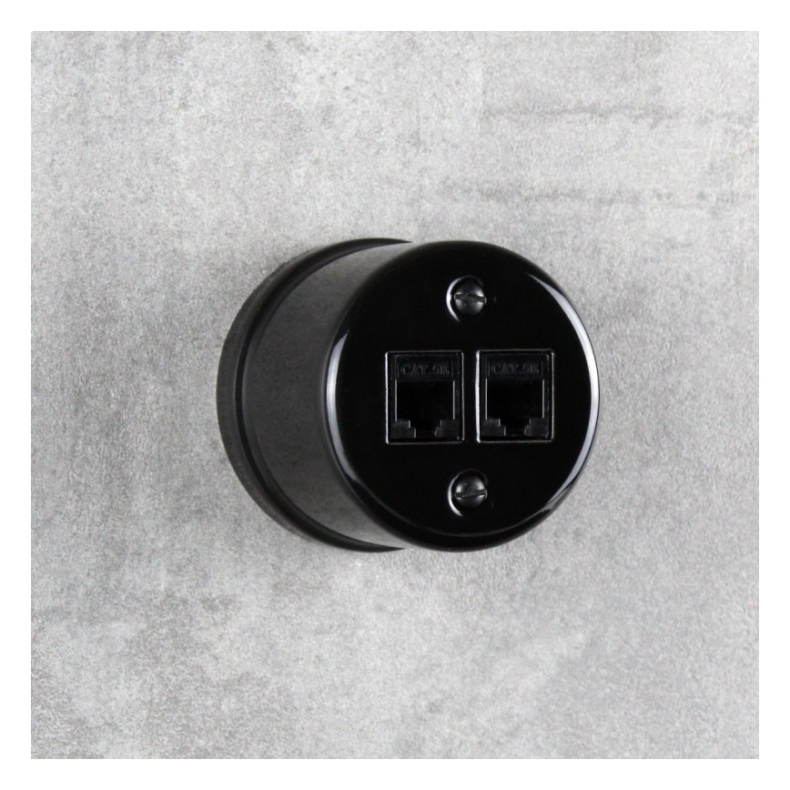 Elhard - Ceramiczne retro gniazdo ścienne sieciowe 2x RJ45, czarne