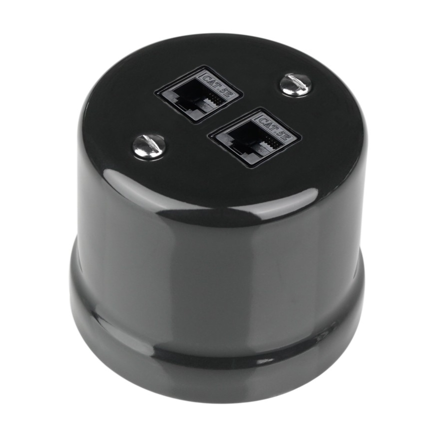 Elhard - Ceramiczne retro gniazdo ścienne sieciowe 2x RJ45, czarne