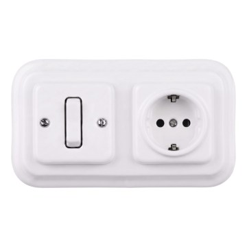 Elhard - Ceramiczny retro jednobiegunowy wyłącznik nr 1 i gniazdo SCHUKO 230V z ramką biały