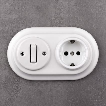 Elhard - Ceramiczny retro włącznik nr 1 i gniazdo 230V z ramką SCHUKO, kolor biały