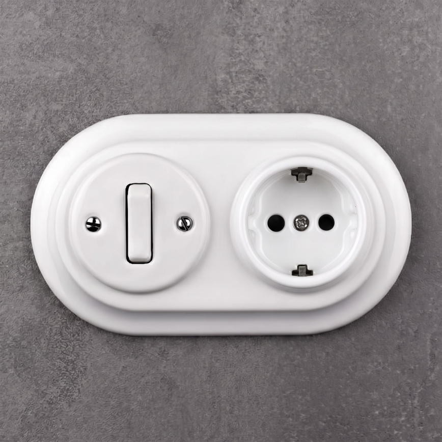 Elhard - Ceramiczny retro włącznik nr 1 i gniazdo 230V z ramką SCHUKO, kolor biały