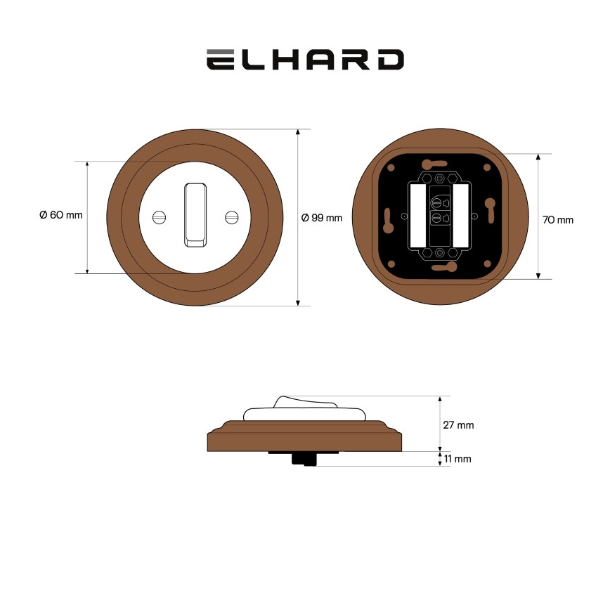 Elhard - Ceramiczny retro włącznik pojedynczy z ramką nr 1 biały/ciemne drewno