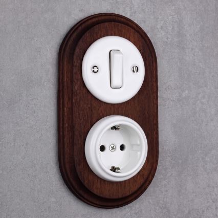 Elhard - Ceramiczny retro wyłącznik č. 1 i gniazdko 230V z ramką SCHUKO biały/ciemne drewno