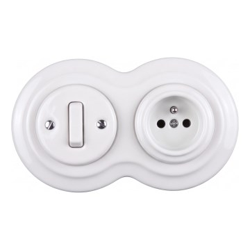 Elhard - Ceramiczny retro wyłącznik nr 1 i gniazdko 230V z ramką, kolor biały
