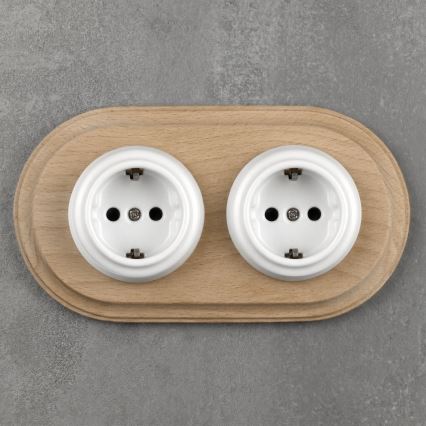 Elhard - Podwójne ceramiczne retro gniazdo domowe z ramką SCHUKO 230V białe/jasne drewno
