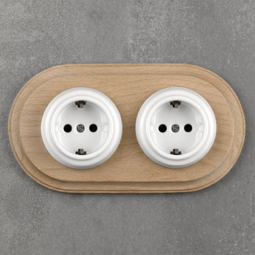 Elhard - Podwójne ceramiczne retro gniazdo domowe z ramką SCHUKO 230V białe/jasne drewno