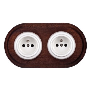 Elhard - Podwójne ceramiczne gniazdko retro do domu z ramką 230V białe/ciemne drewno
