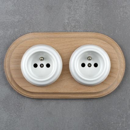 Elhard - Podwójne ceramiczne retro gniazdko domowe z ramką 230V białe/jasne drewno