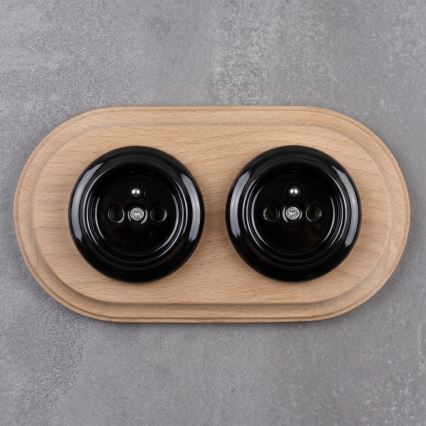 Elhard - Podwójne ceramiczne retro gniazdko domowe z ramką 230V czarne/jasne drewno