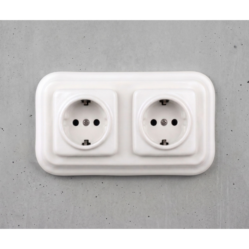 Elhard - Podwójne ceramiczne gniazdo domowe retro z ramką SCHUKO 230V białe