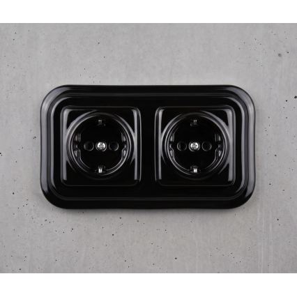 Elhard - Podwójne ceramiczne gniazdo retro do domu z ramką SCHUKO 230V, czarne