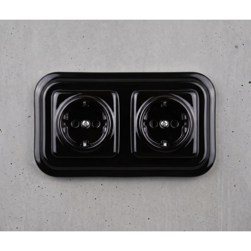 Elhard - Podwójne ceramiczne gniazdo retro do domu z ramką SCHUKO 230V, czarne