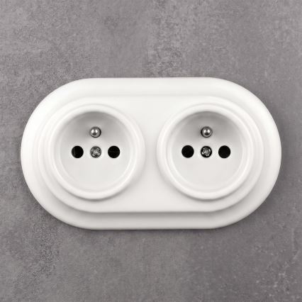 Elhard - Podwójne ceramiczne gniazdo retro domowe z ramką 230V białe