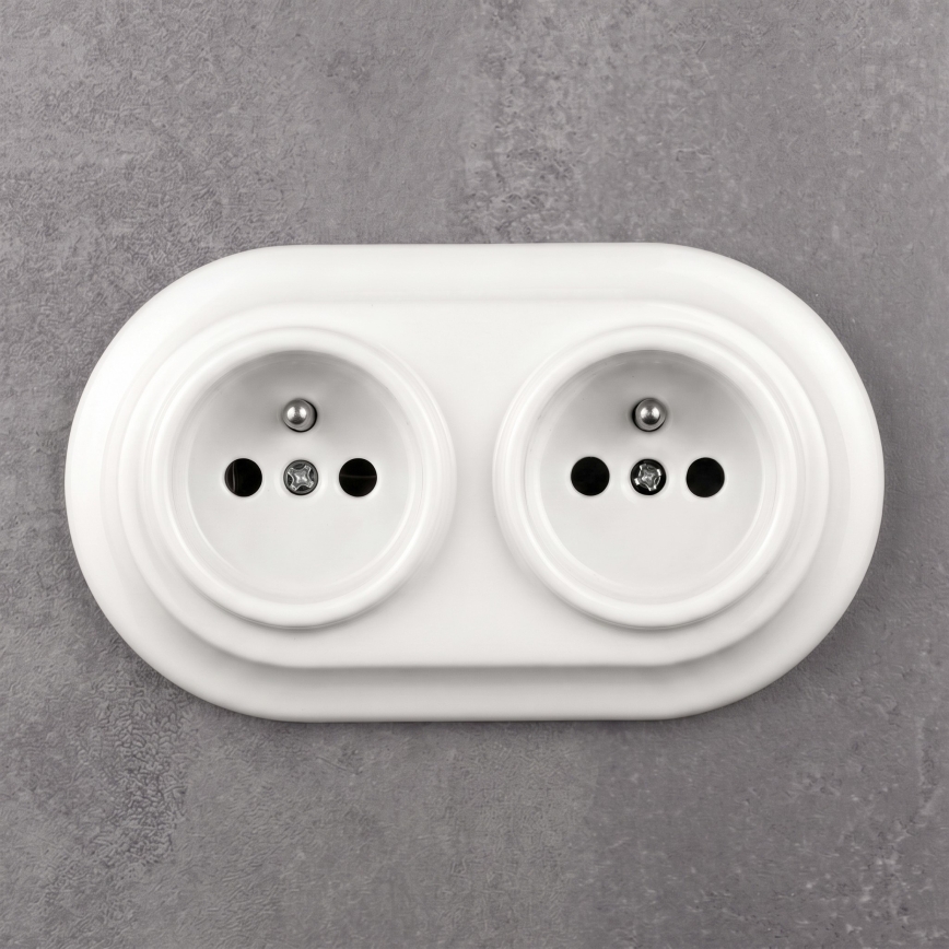 Elhard - Podwójne ceramiczne gniazdo retro domowe z ramką 230V białe