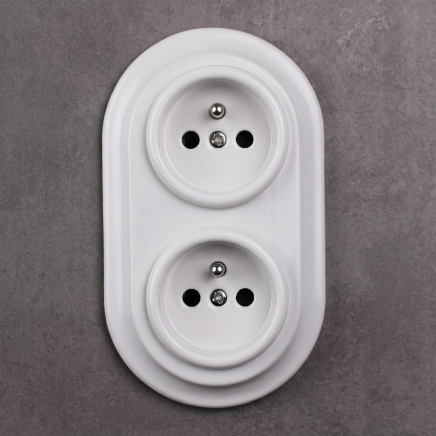 Elhard - Podwójne ceramiczne gniazdo retro domowe z ramką 230V białe