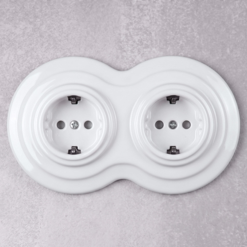 Elhard - Podwójne ceramiczne gniazdo retro domowe z ramką SCHUKO 230V białe