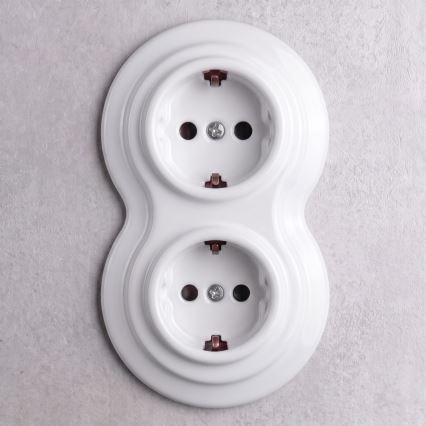Elhard - Podwójne ceramiczne gniazdo retro domowe z ramką SCHUKO 230V białe