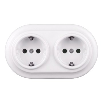 Elhard - Podwójne ceramiczne gniazdo ścienne retro z ramką SCHUKO 230V białe