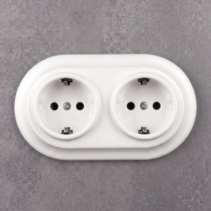 Elhard - Podwójne ceramiczne gniazdo ścienne retro z ramką SCHUKO 230V białe