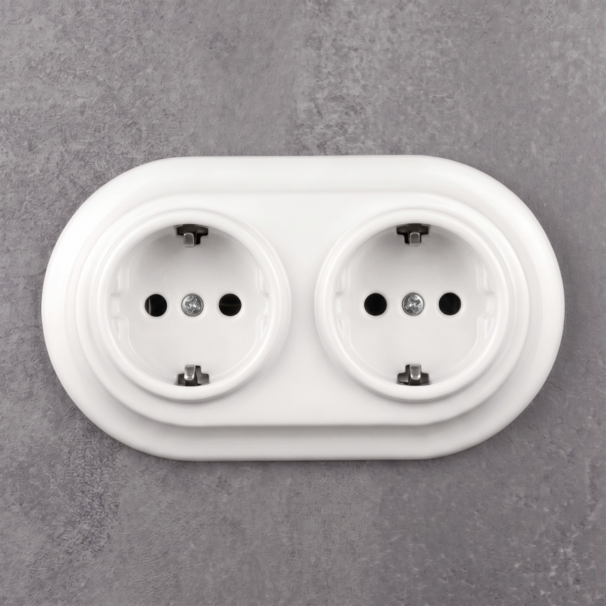 Elhard - Podwójne ceramiczne gniazdo ścienne retro z ramką SCHUKO 230V białe
