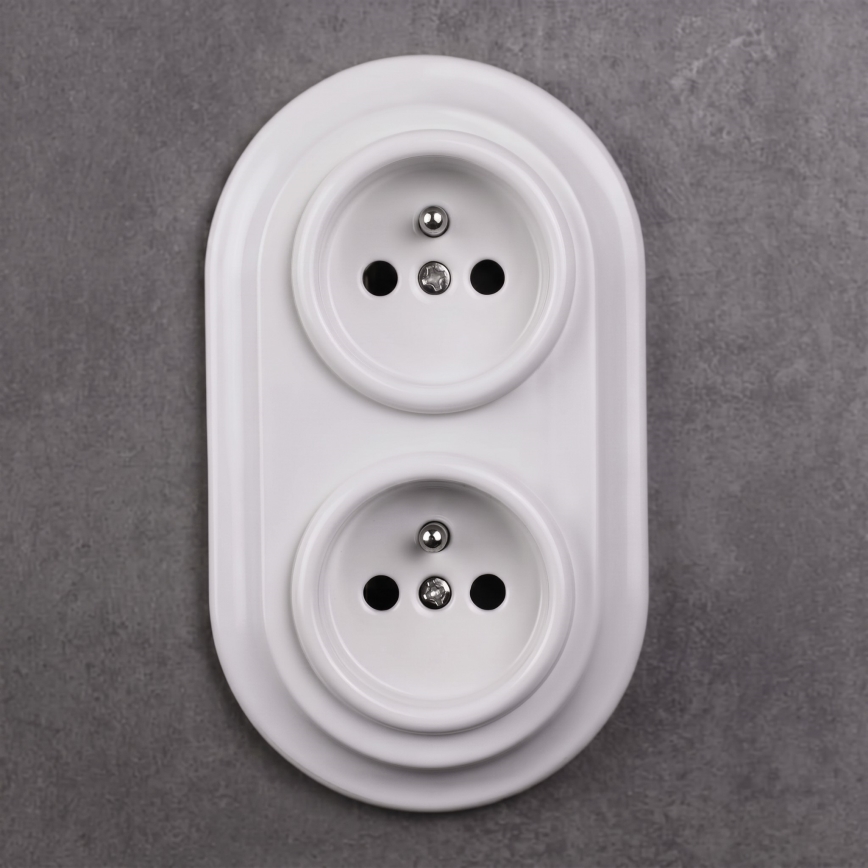 Elhard - Podwójne ceramiczne gniazdo ścienne retro z ramką SCHUKO 230V białe