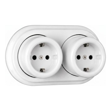 Elhard - Podwójne ceramiczne gniazdo ścienne w stylu retro z ramką, SCHUKO 230 V, białe