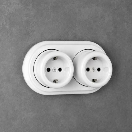 Elhard - Podwójne ceramiczne gniazdo ścienne w stylu retro z ramką, SCHUKO 230 V, białe