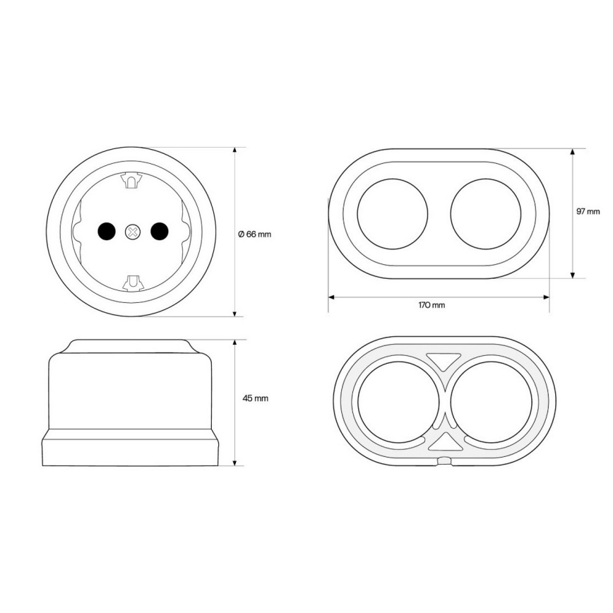 Elhard - Podwójne ceramiczne gniazdo ścienne w stylu retro z ramką, SCHUKO 230 V, białe