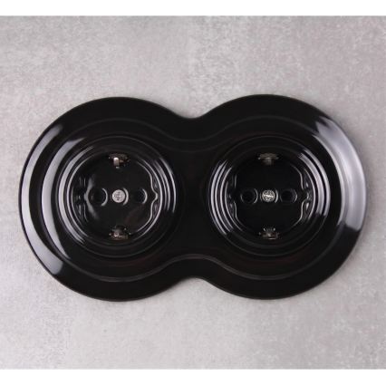 Elhard - Podwójne ceramiczne retro gniazdko domowe z ramką SCHUKO 230V czarne