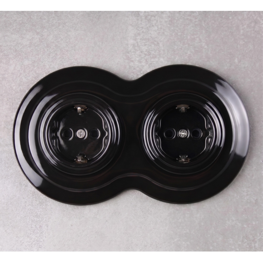 Elhard - Podwójne ceramiczne retro gniazdko domowe z ramką SCHUKO 230V czarne