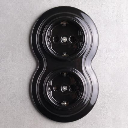 Elhard - Podwójne ceramiczne retro gniazdko domowe z ramką SCHUKO 230V czarne
