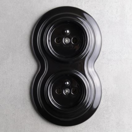 Elhard - Podwójne ceramiczne retro gniazdo domowe z ramką 230V czarne
