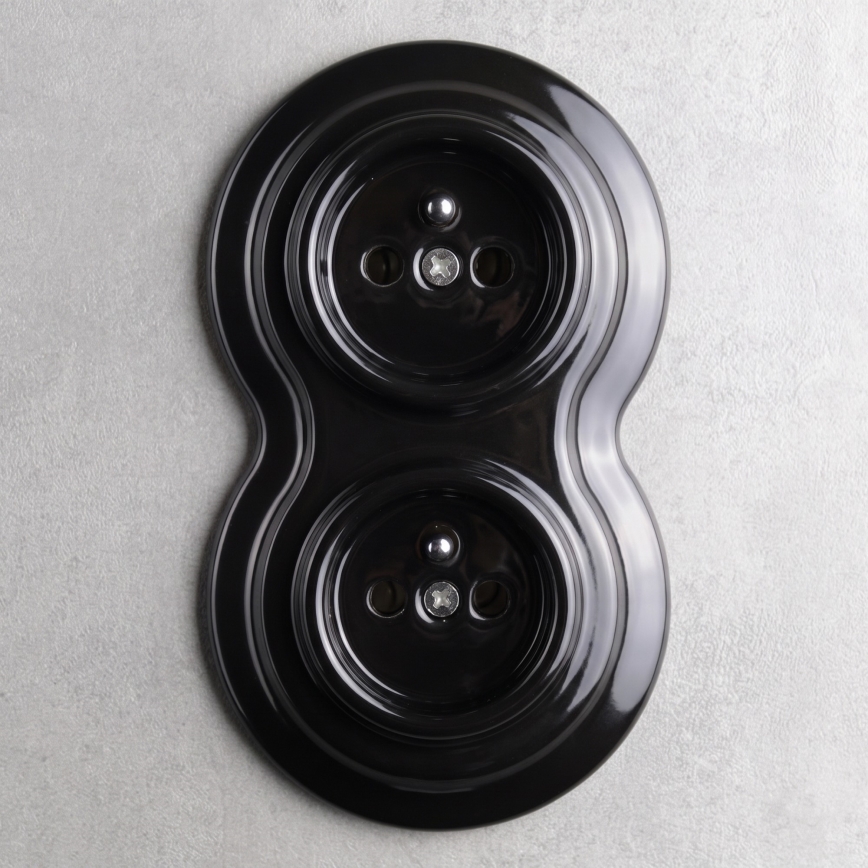 Elhard - Podwójne ceramiczne retro gniazdo domowe z ramką 230V czarne