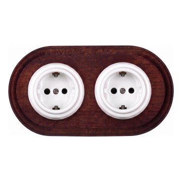 Elhard - Podwójne ceramiczne retro gniazdo domowe z ramką SCHUKO 230V białe/ciemne drewno