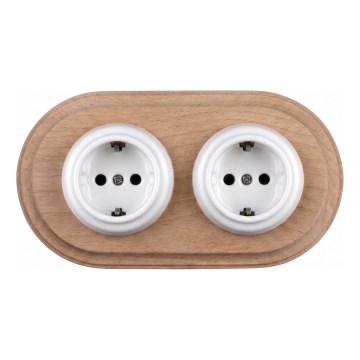 Elhard - Podwójne ceramiczne retro gniazdo domowe z ramką SCHUKO 230V białe/jasne drewno