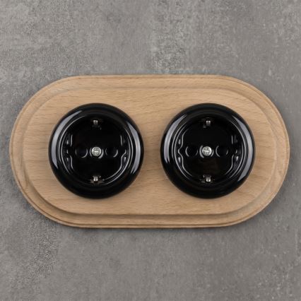 Elhard - Podwójne ceramiczne retro gniazdko domowe z ramką SCHUKO 230V czarne/jasne drewno