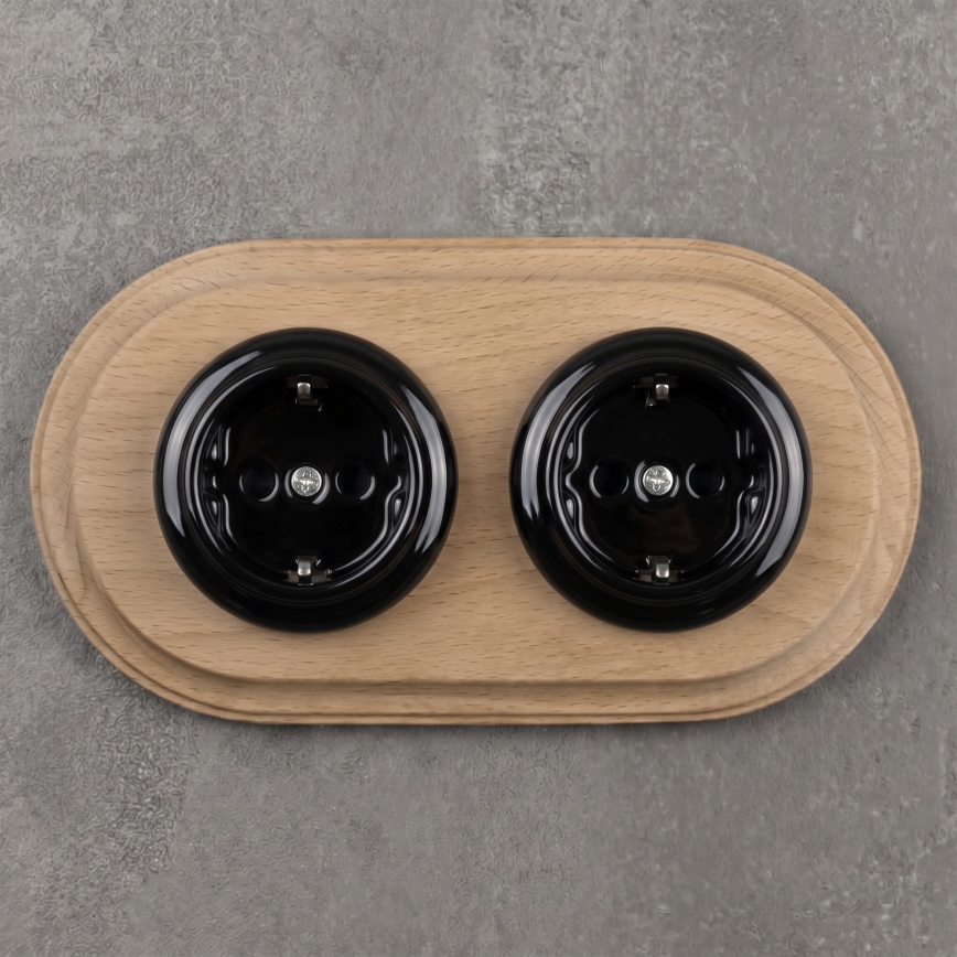 Elhard - Podwójne ceramiczne retro gniazdko domowe z ramką SCHUKO 230V czarne/jasne drewno