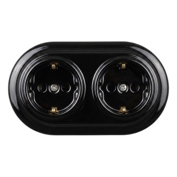 Elhard - Podwójne ceramiczne retro gniazdo domowe z ramką SCHUKO 230V czarne