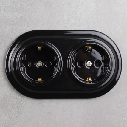 Elhard - Podwójne ceramiczne retro gniazdo domowe z ramką SCHUKO 230V czarne
