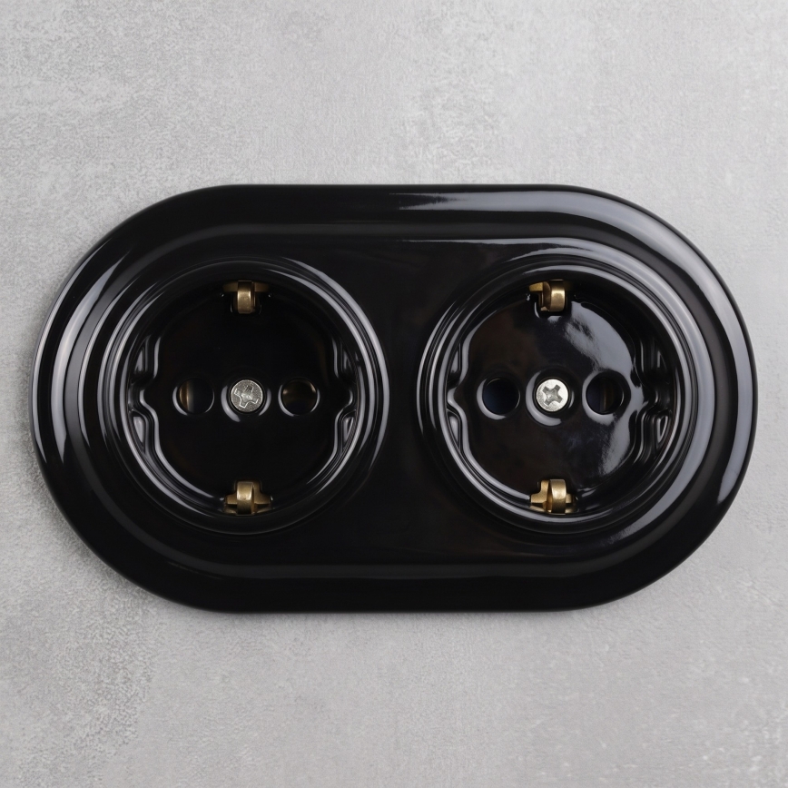 Elhard - Podwójne ceramiczne retro gniazdo domowe z ramką SCHUKO 230V czarne