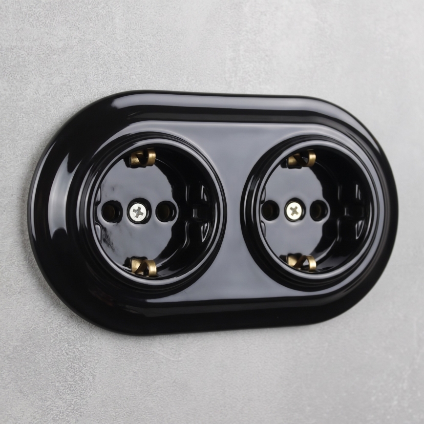 Elhard - Podwójne ceramiczne retro gniazdo domowe z ramką SCHUKO 230V czarne