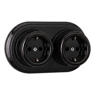 Elhard - Podwójne ścienne ceramiczne gniazdo w stylu retro z ramką SCHUKO 230 V, czarne