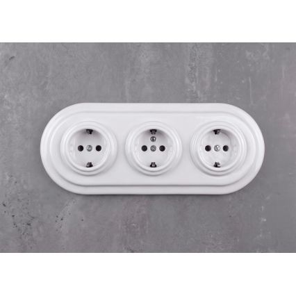 Elhard - Potrójne ceramiczne gniazdko retro domowe z ramką SCHUKO 230V białe