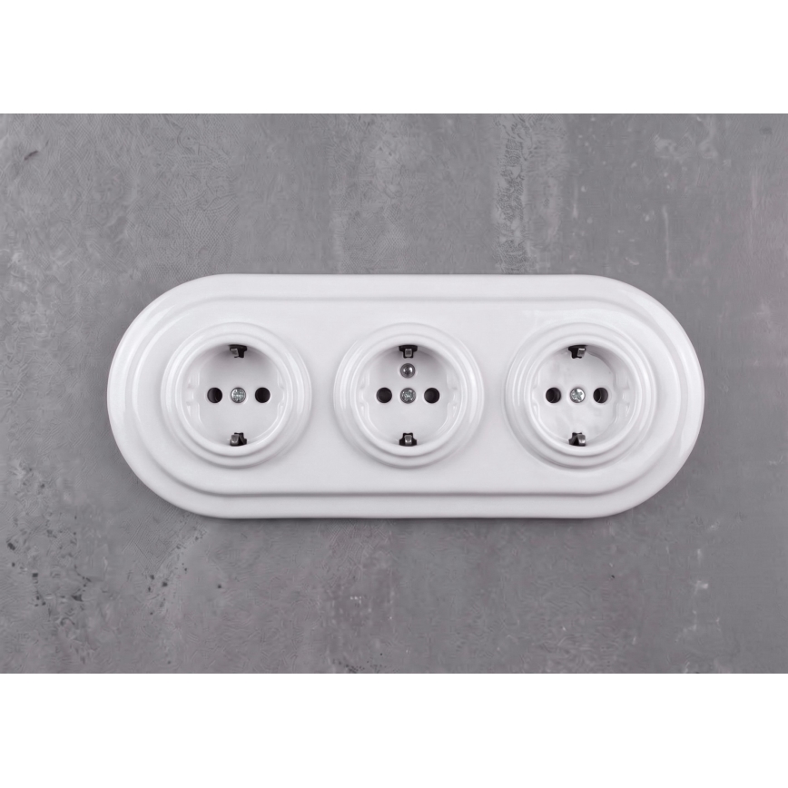 Elhard - Potrójne ceramiczne gniazdko retro domowe z ramką SCHUKO 230V białe