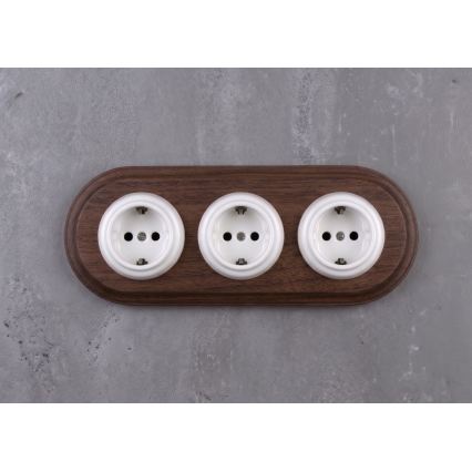 Elhard - Potrójne ceramiczne retro gniazdko domowe z ramką SCHUKO 230V biały/ciemne drewno