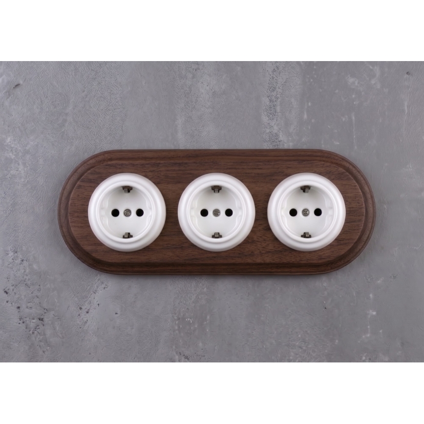 Elhard - Potrójne ceramiczne retro gniazdko domowe z ramką SCHUKO 230V biały/ciemne drewno