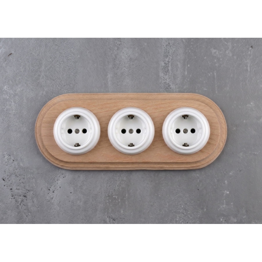 Elhard - Potrójne ceramiczne retro gniazdko domowe z ramką SCHUKO 230V białe/jasne drewno
