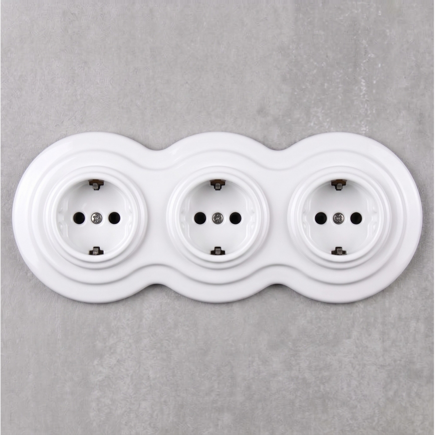 Elhard - Potrójne ceramiczne retro gniazdko domowe z ramką SCHUKO 230V białe